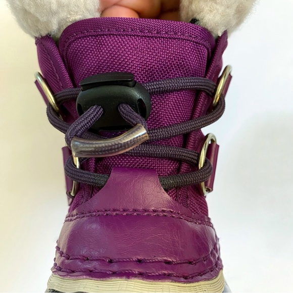 SOREL kids iris plum purple black yoot pac nylon rubber fur trim snow boots - Picture 7 of 11